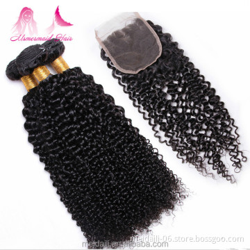 Hot sale high quality virgin malaysian hair weave natural raw kinky curly hair 3 bundles with 4*4 lace closure